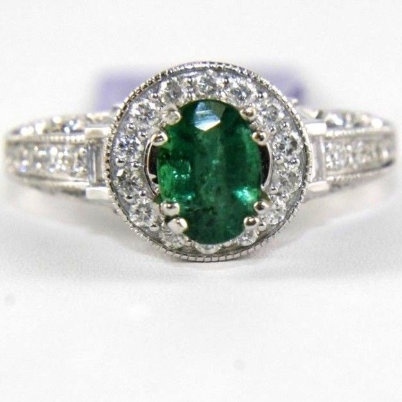 Oval Emerald Diamond Solitaire Ring 14k WG 1.37Ct